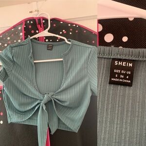 SHEIN Blue Ribbed Tie-Front Blouse